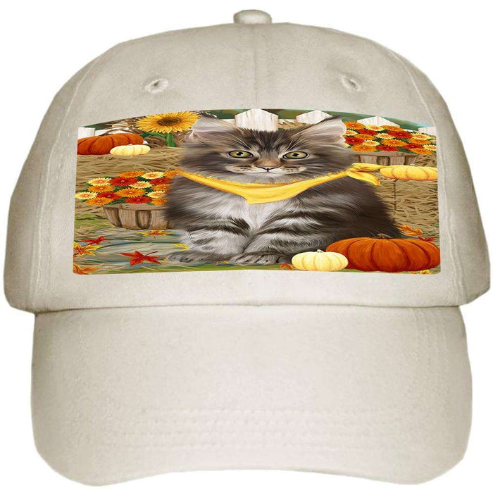 Fall Autumn Greeting Maine Coon Cat with Pumpkins Ball Hat Cap HAT60753