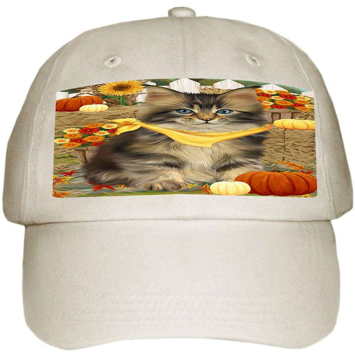 Fall Autumn Greeting Maine Coon Cat with Pumpkins Ball Hat Cap HAT60756