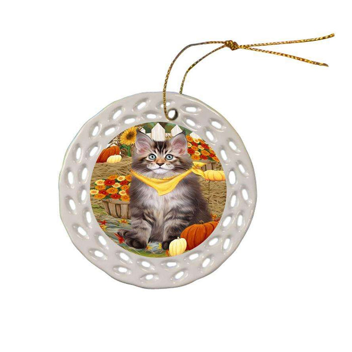Fall Autumn Greeting Maine Coon Cat with Pumpkins Ceramic Doily Ornament DPOR52339