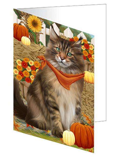 Fall Autumn Greeting Maine Coon Cat with Pumpkins Handmade Artwork Assorted Pets Greeting Cards and Note Cards with Envelopes for All Occasions and Holiday Seasons GCD61043