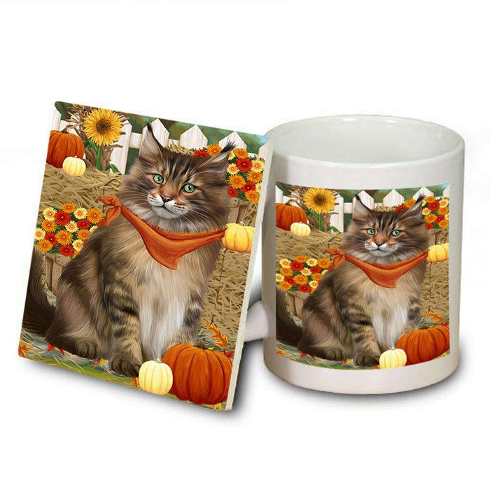 Fall Autumn Greeting Maine Coon Cat with Pumpkins Mug and Coaster Set MUC52330