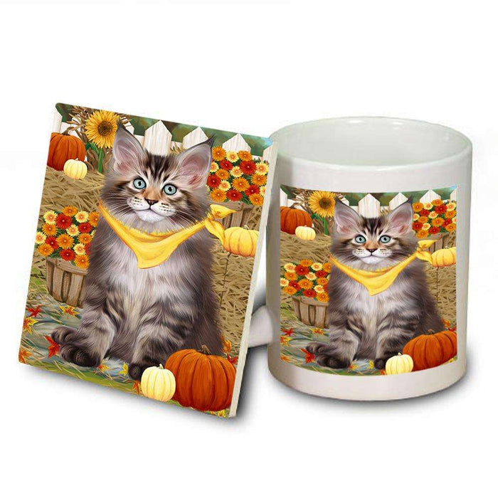 Fall Autumn Greeting Maine Coon Cat with Pumpkins Mug and Coaster Set MUC52331