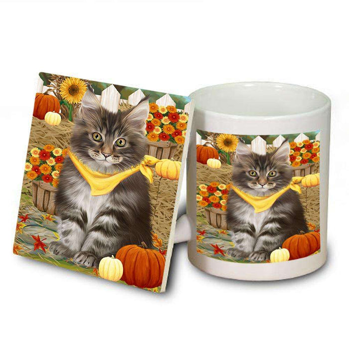 Fall Autumn Greeting Maine Coon Cat with Pumpkins Mug and Coaster Set MUC52332