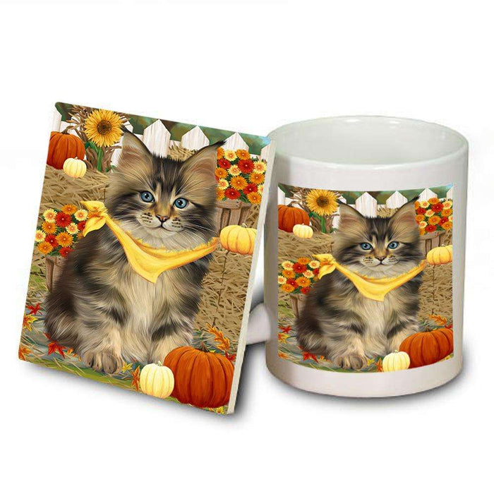 Fall Autumn Greeting Maine Coon Cat with Pumpkins Mug and Coaster Set MUC52333
