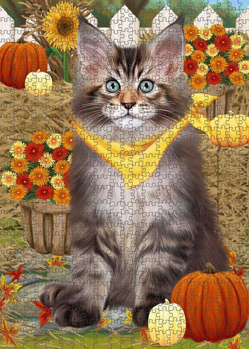 Fall Autumn Greeting Maine Coon Cat with Pumpkins Puzzle with Photo Tin PUZL60948