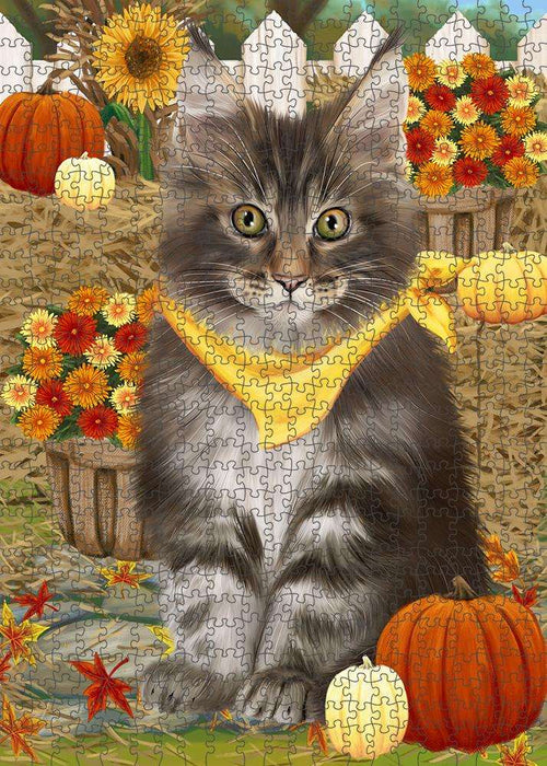 Fall Autumn Greeting Maine Coon Cat with Pumpkins Puzzle with Photo Tin PUZL60951
