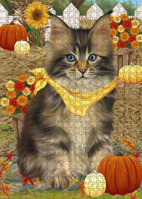 Fall Autumn Greeting Maine Coon Cat with Pumpkins Puzzle with Photo Tin PUZL60954