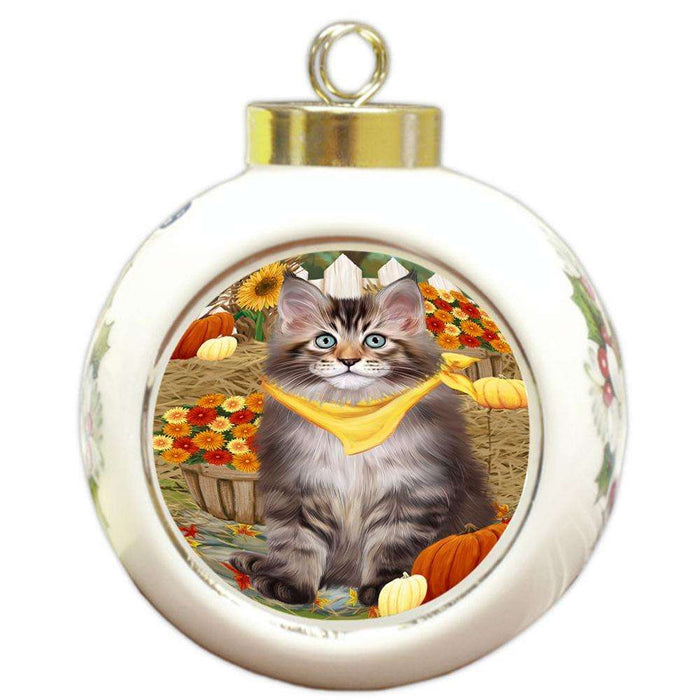 Fall Autumn Greeting Maine Coon Cat with Pumpkins Round Ball Christmas Ornament RBPOR52339