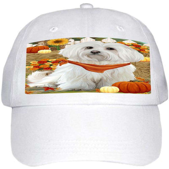 Fall Autumn Greeting Maltese Dog with Pumpkins Ball Hat Cap HAT56067