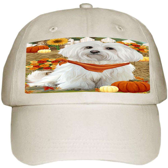 Fall Autumn Greeting Maltese Dog with Pumpkins Ball Hat Cap HAT56067