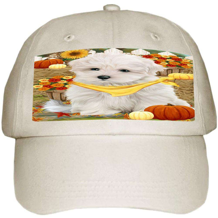 Fall Autumn Greeting Maltese Dog with Pumpkins Ball Hat Cap HAT56070