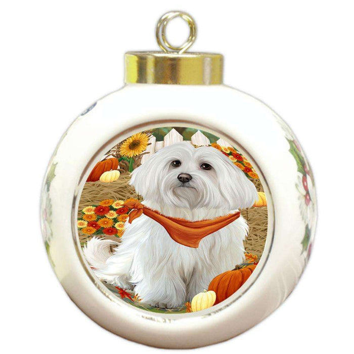 Fall Autumn Greeting Maltese Dog with Pumpkins Round Ball Christmas Ornament RBPOR50766