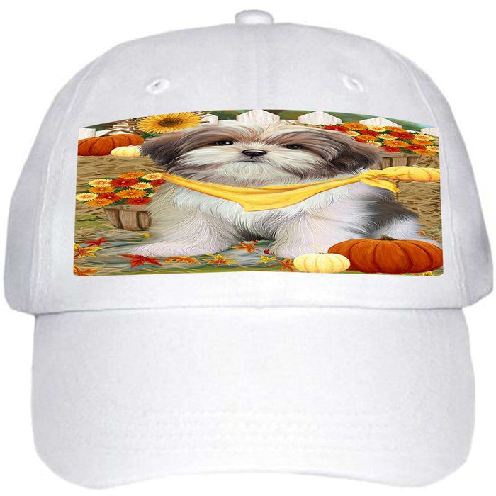 Fall Autumn Greeting Malti Tzu Dog with Pumpkins Ball Hat Cap HAT56076