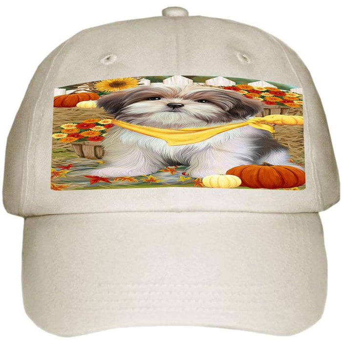 Fall Autumn Greeting Malti Tzu Dog with Pumpkins Ball Hat Cap HAT56076