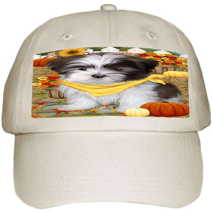 Fall Autumn Greeting Malti Tzu Dog with Pumpkins Ball Hat Cap HAT56079