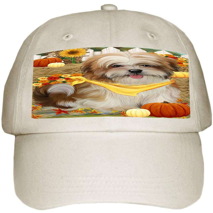Fall Autumn Greeting Malti Tzu Dog with Pumpkins Ball Hat Cap HAT56082