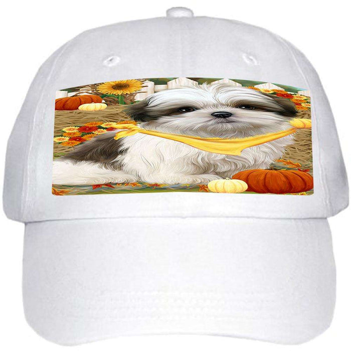Fall Autumn Greeting Malti Tzu Dog with Pumpkins Ball Hat Cap HAT56085