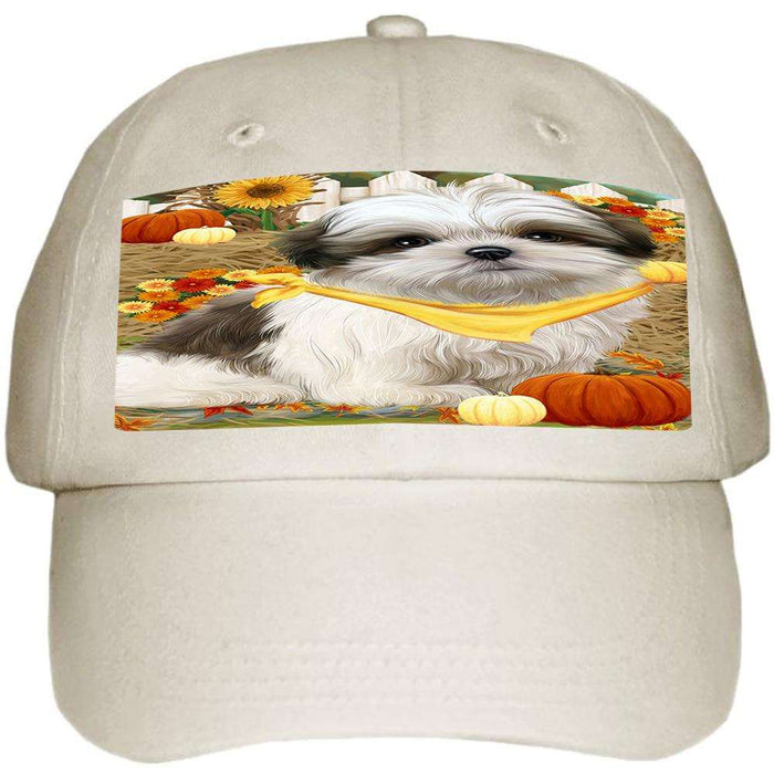 Fall Autumn Greeting Malti Tzu Dog with Pumpkins Ball Hat Cap HAT56085
