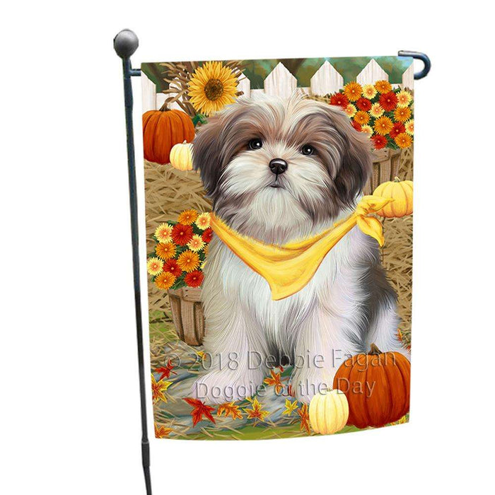 Fall Autumn Greeting Malti Tzu Dog with Pumpkins Garden Flag GFLG0662