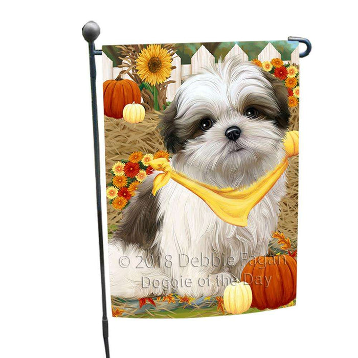 Fall Autumn Greeting Malti Tzu Dog with Pumpkins Garden Flag GFLG0665