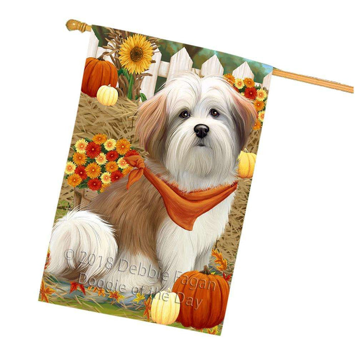 Fall Autumn Greeting Malti Tzu Dog with Pumpkins House Flag FLG50797