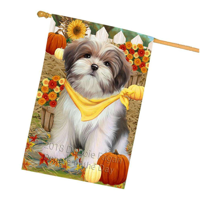 Fall Autumn Greeting Malti Tzu Dog with Pumpkins House Flag FLG50798