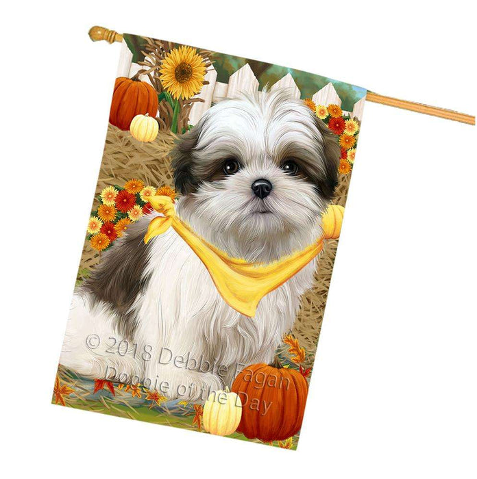 Fall Autumn Greeting Malti Tzu Dog with Pumpkins House Flag FLG50801
