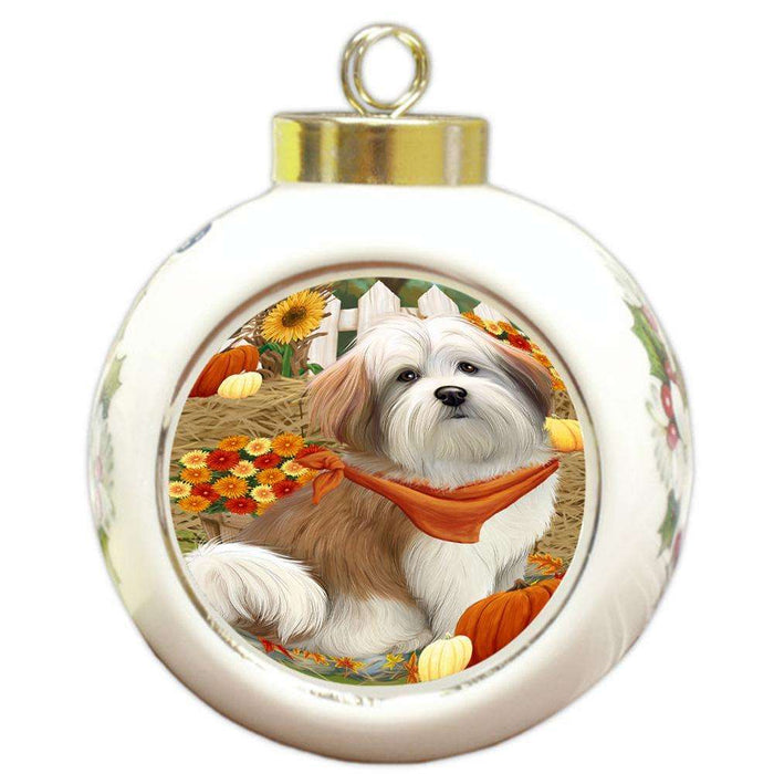 Fall Autumn Greeting Malti Tzu Dog with Pumpkins Round Ball Christmas Ornament RBPOR50768