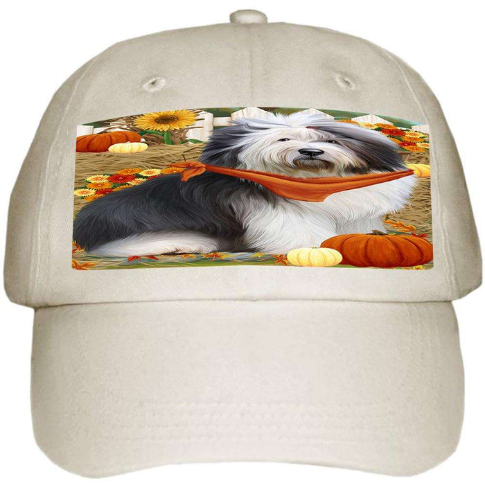 Fall Autumn Greeting Old English Sheepdog with Pumpkins Ball Hat Cap HAT56088