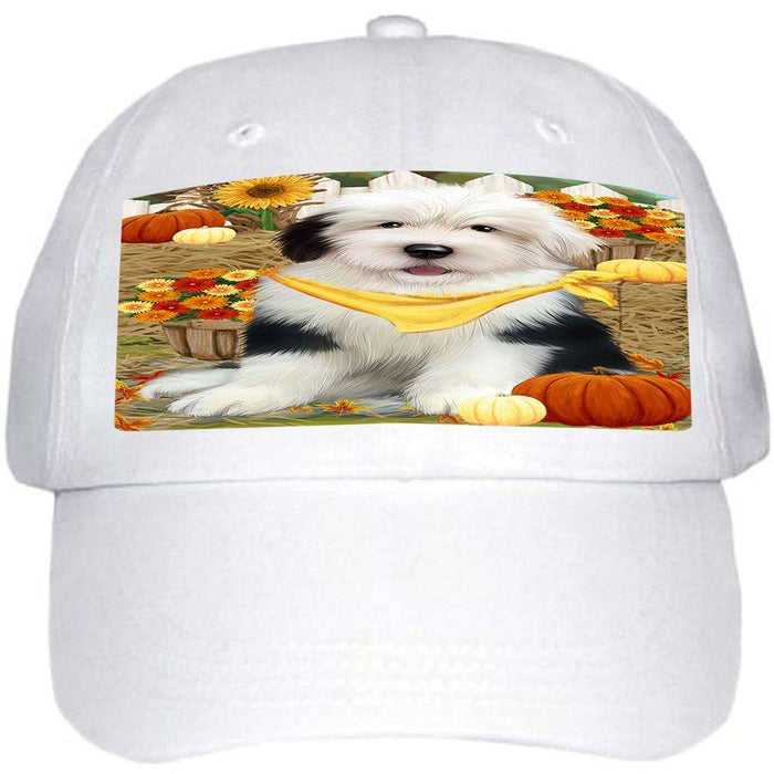 Fall Autumn Greeting Old English Sheepdog with Pumpkins Ball Hat Cap HAT56091