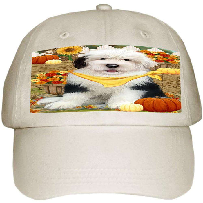 Fall Autumn Greeting Old English Sheepdog with Pumpkins Ball Hat Cap HAT56091