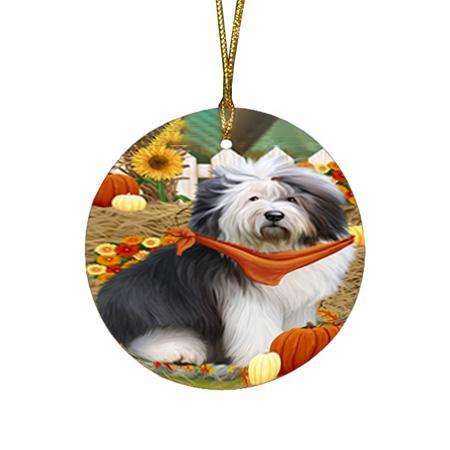Fall Autumn Greeting Old English Sheepdog with Pumpkins Round Flat Christmas Ornament RFPOR50764