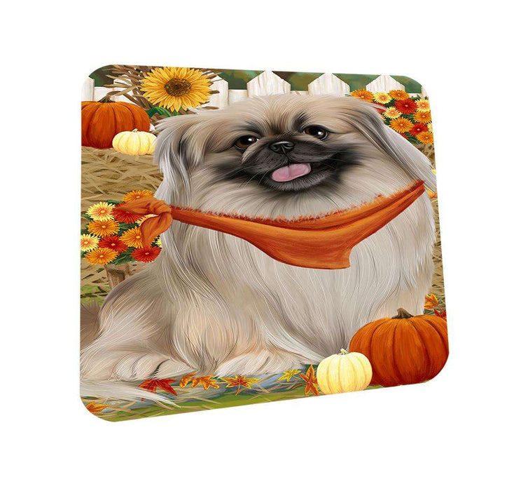 Fall Autumn Greeting Pekingese Dog with Pumpkins Coasters Set of 4 CST50734