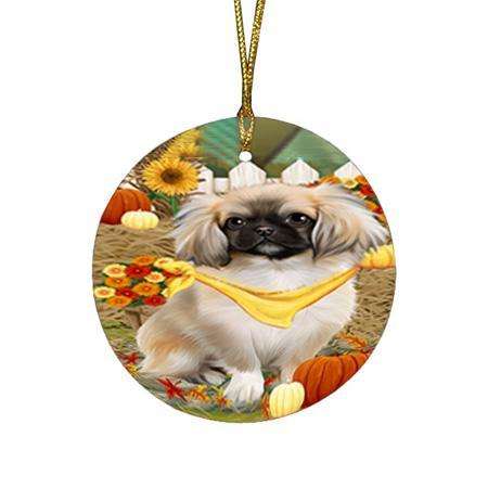 Fall Autumn Greeting Pekingese Dog with Pumpkins Round Flat Christmas Ornament RFPOR50767