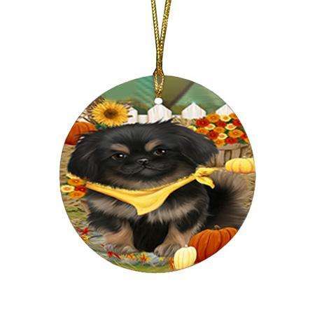 Fall Autumn Greeting Pekingese Dog with Pumpkins Round Flat Christmas Ornament RFPOR50768