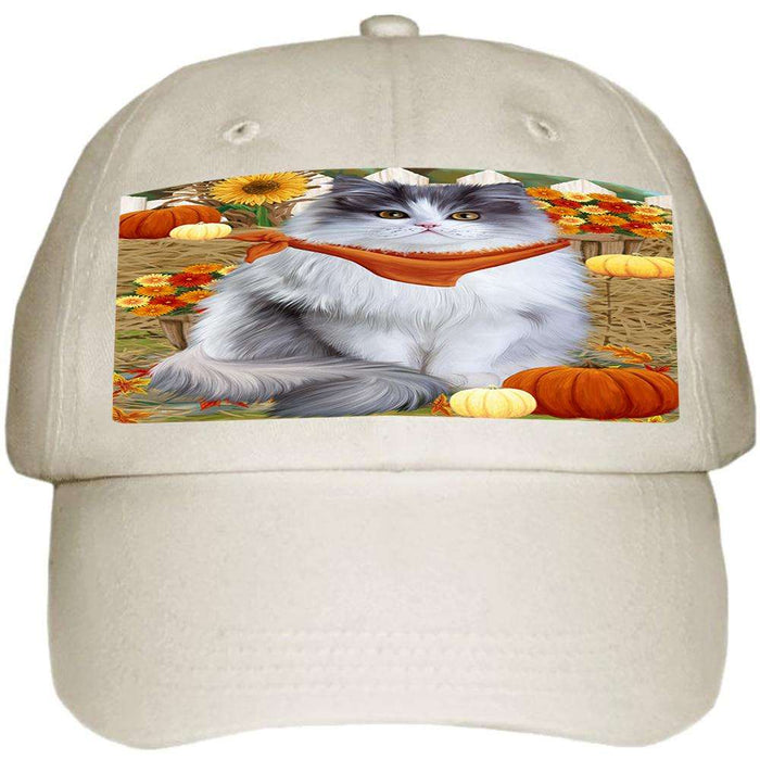 Fall Autumn Greeting Persian Cat with Pumpkins Ball Hat Cap HAT56184