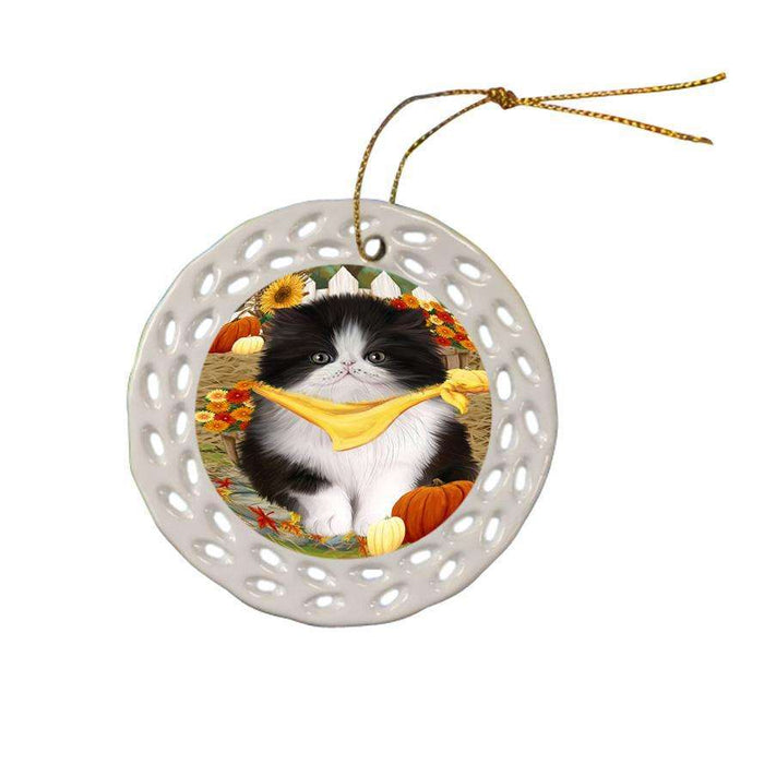 Fall Autumn Greeting Persian Cat with Pumpkins Ceramic Doily Ornament DPOR50806