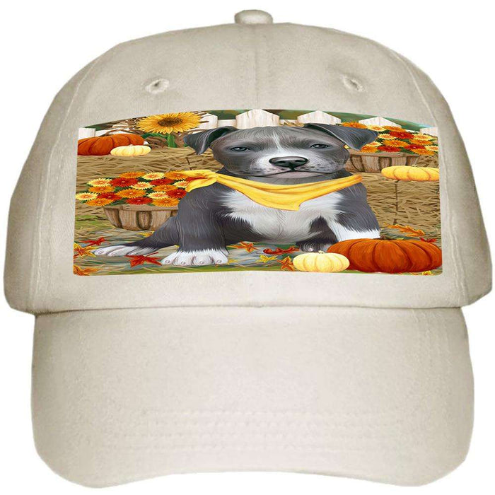 Fall Autumn Greeting Pit Bull Dog with Pumpkins Ball Hat Cap HAT56202