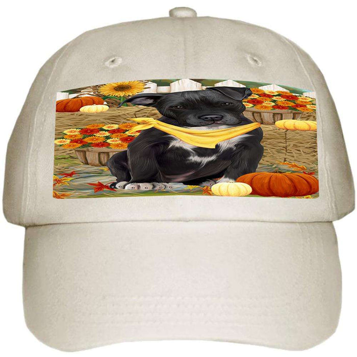 Fall Autumn Greeting Pit Bull Dog with Pumpkins Ball Hat Cap HAT56208