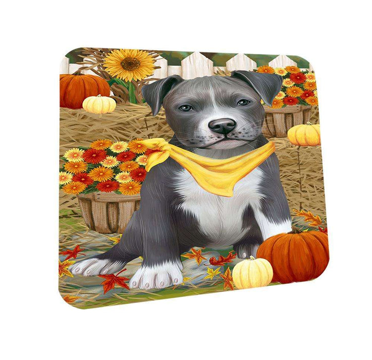 Fall Autumn Greeting Pit Bull Dog with Pumpkins Coasters Set of 4 CST50770