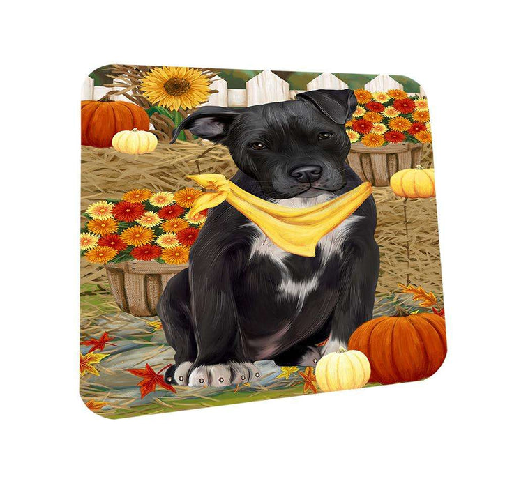 Fall Autumn Greeting Pit Bull Dog with Pumpkins Coasters Set of 4 CST50772