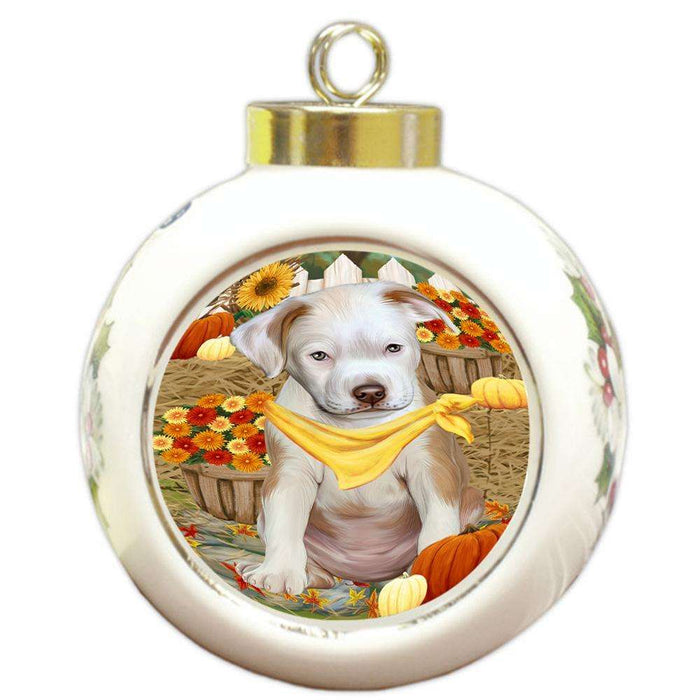 Fall Autumn Greeting Pit Bull Dog with Pumpkins Round Ball Christmas Ornament RBPOR50812