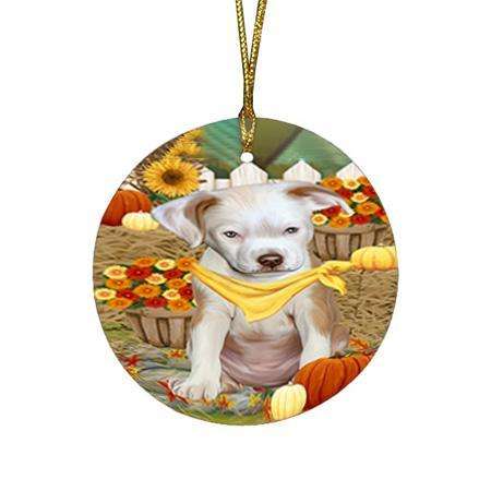 Fall Autumn Greeting Pit Bull Dog with Pumpkins Round Flat Christmas Ornament RFPOR50803