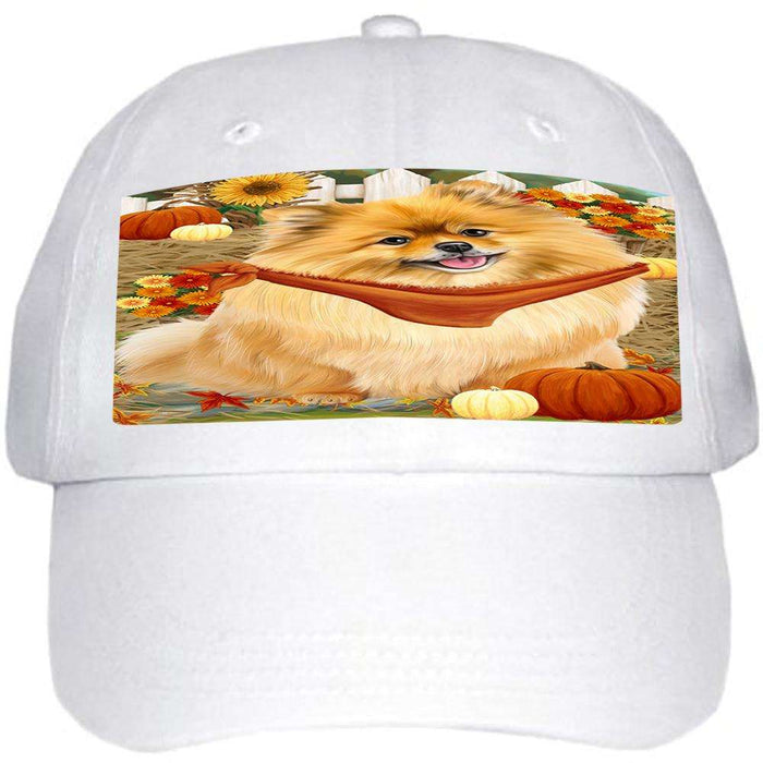 Fall Autumn Greeting Pomeranian Dog with Pumpkins Ball Hat Cap HAT56211