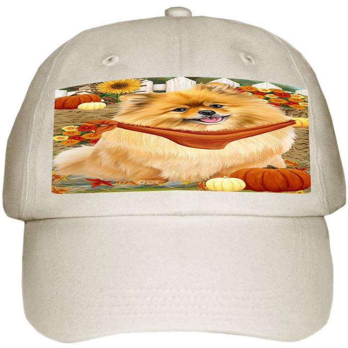 Fall Autumn Greeting Pomeranian Dog with Pumpkins Ball Hat Cap HAT56211