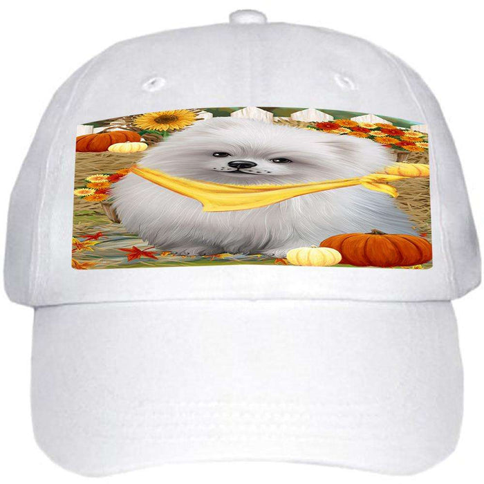 Fall Autumn Greeting Pomeranian Dog with Pumpkins Ball Hat Cap HAT56214