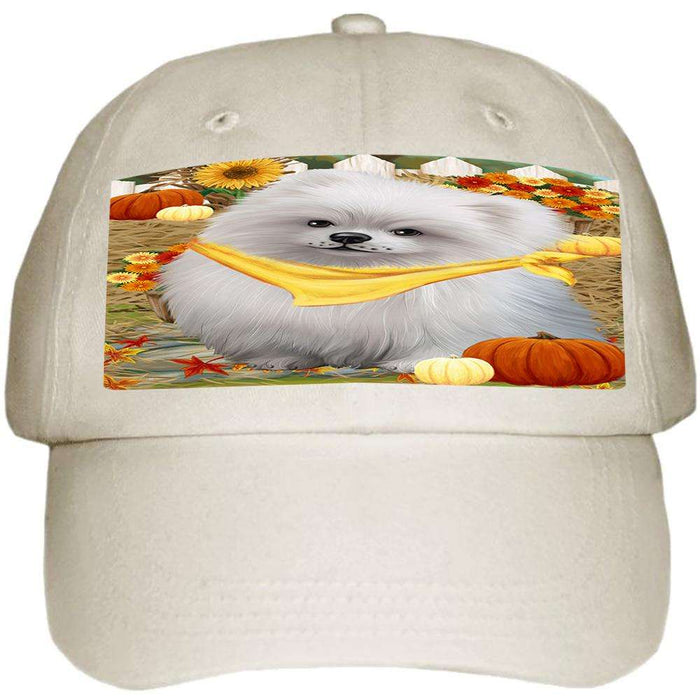 Fall Autumn Greeting Pomeranian Dog with Pumpkins Ball Hat Cap HAT56214