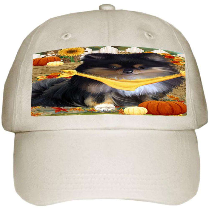 Fall Autumn Greeting Pomeranian Dog with Pumpkins Ball Hat Cap HAT56217