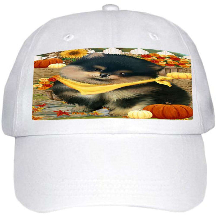 Fall Autumn Greeting Pomeranian Dog with Pumpkins Ball Hat Cap HAT56223