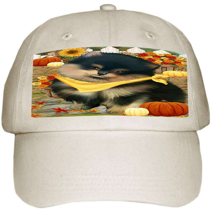 Fall Autumn Greeting Pomeranian Dog with Pumpkins Ball Hat Cap HAT56223
